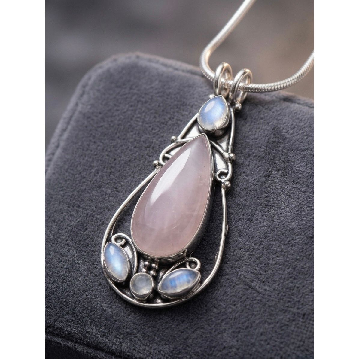 Silver Rose Quartz Rainbow Moonstone Teardrop Pendant Necklace Double Loop Boho